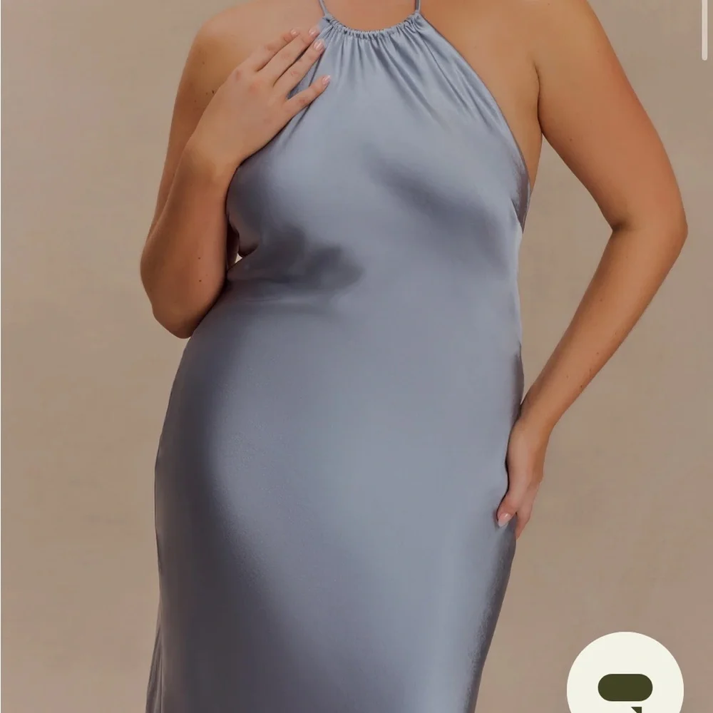 MESHKI Elegant Blue Satin Evening Gown - Picture 2 of 3